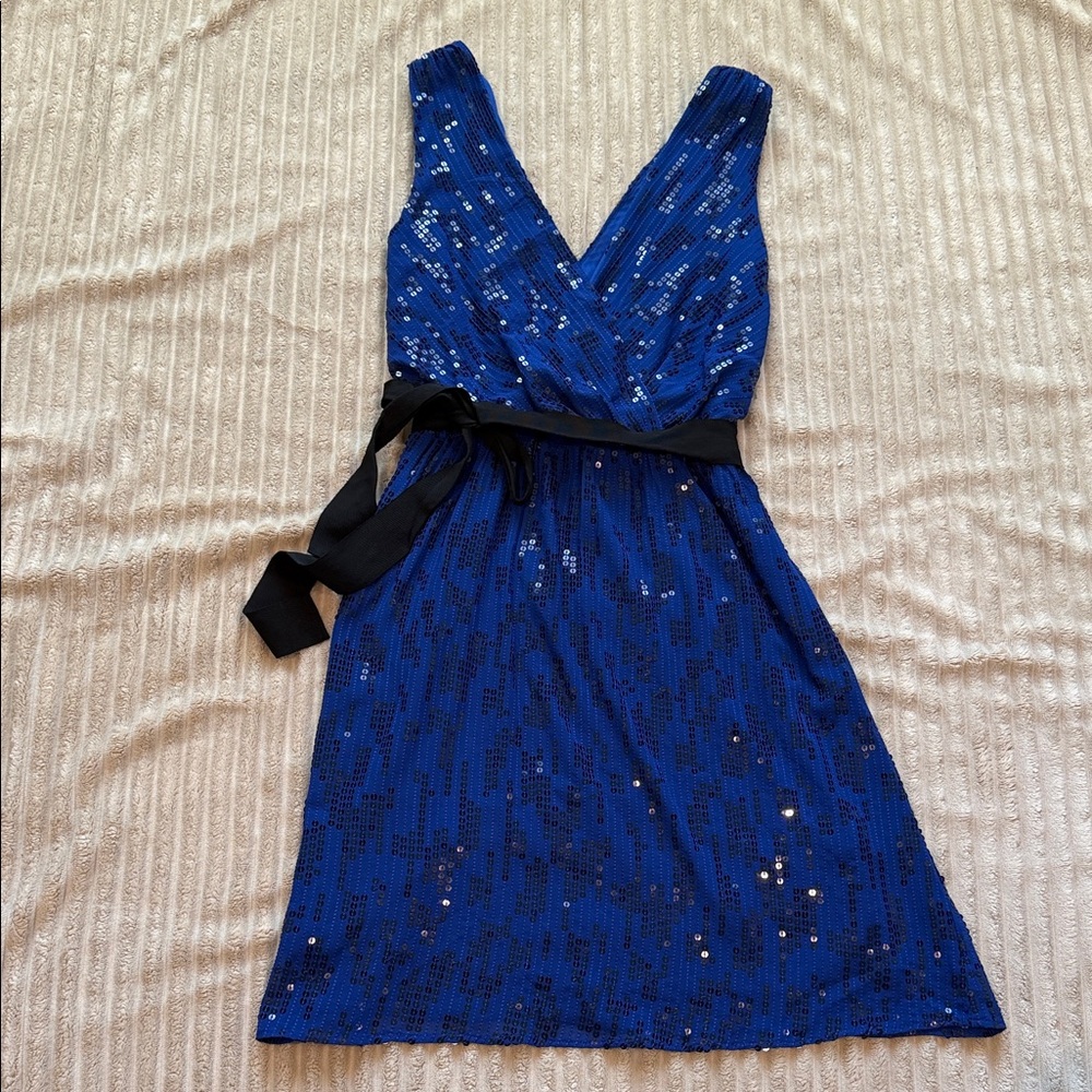 Express Blue Sequin Mini Dress with Black Sash
